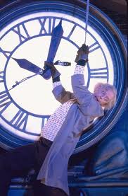 Doc Brown hangs off of the Clock Tower in BACK TO THE FUTURE