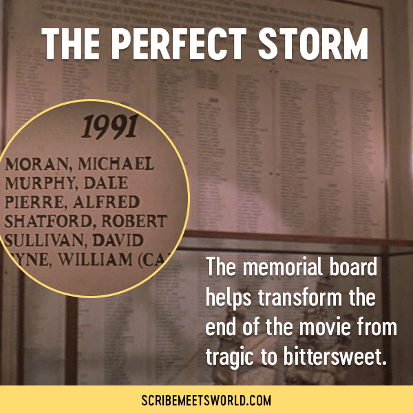 Image of the memorial board in The Perfect Storm with a close-up of the names of the Andrea Gail crew + plus text overlay: The memorial board helps transform the end of the movie from tragic to bittersweet.