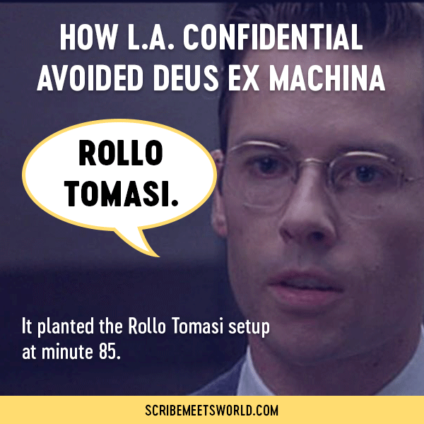 Image of Exley with “Rollo Tomasi” speech bubble and text overlay: LA Confidential avoided deus ex machina by planting the Rollo Tomasi setup at minute 85