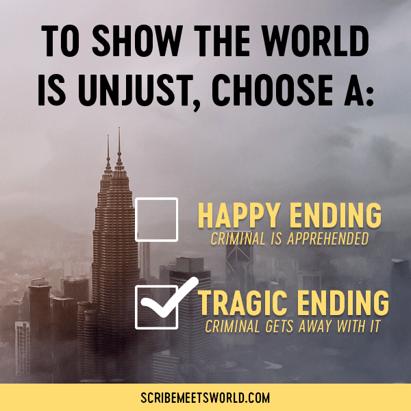 Image of bleak city with headline—To Show the World Is Unjust, Choose a—followed by two options. A blank checkbox with label “Happy ending (criminal is apprehended)” and a checkbox with a yes checkmark with label “Tragic ending (criminal gets away with it)”