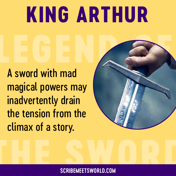 Image of Excalibur from King Arthur: Legend of the Sword with text overlay: A sword with mad magical powers may inadvertently drain the tension from the climax of a story.