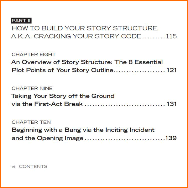 Screenshot of Table of Contents from Sizzling Story Outlines (a writing guide about how to outline a novel or screenplay)