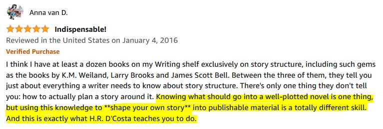 Screenshot of a five-star review that praised Sizzling Story Outlines for helping writers to shape their own stories into publishable material