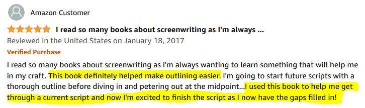 Screenshot of five-star review that praised Sizzling Story Outlines for making outlining easier for screenwriters