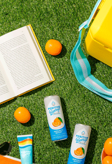 Summer image with book, bag, and oranges on the grass
