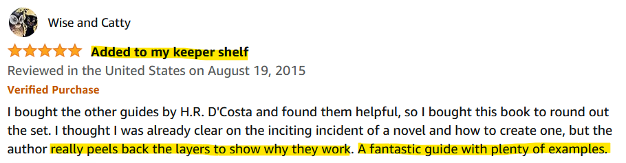 Screenshot of a five-star review that praised Inciting Incident as being a fantastic guide with plenty of examples