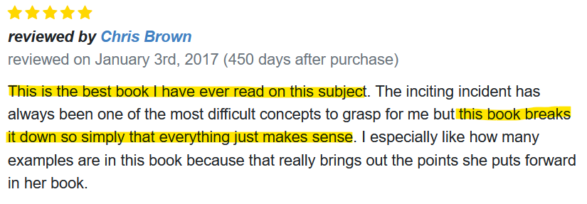 Screenshot of a five-star review that praised Inciting Incident as being the best book on this subject